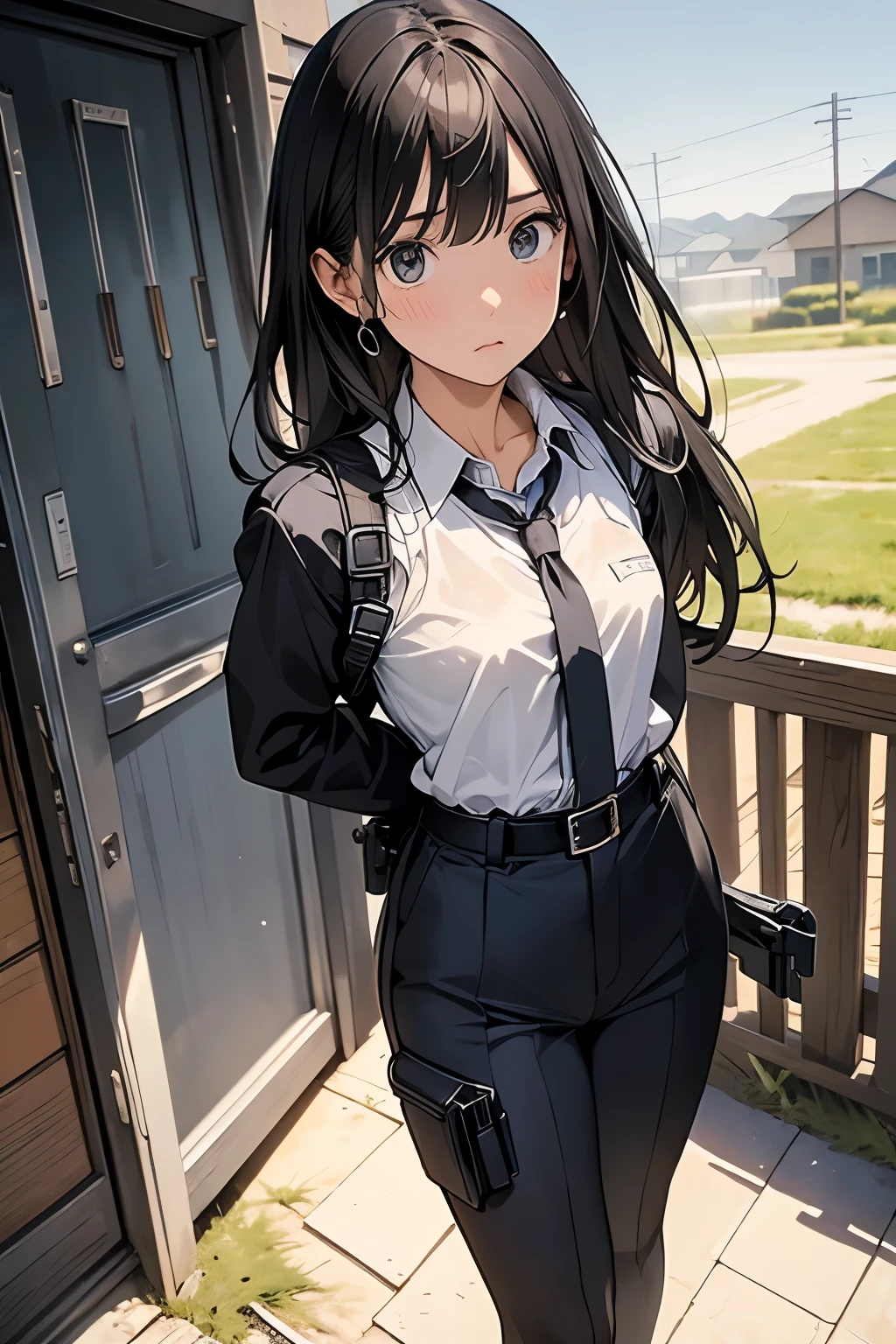 high quality, masterpiece, Ultra-high resolution, (realism: 1.4), Oil painting style, Cinema Lighting, An endless grassland dotted with a few houses, I stood on the empty asphalt road and looked at it., Fairy Mountain々was shrouded in mist, And the suspenders with the cranes flying Moderate breasts Small face holster Lying in bed Looking up Sweat belt summer 脇Sweat Black Hole Gloves suit shirt Black jacket Black trousers Leg Links ズボンにbelt holster Hands behind your back Anxious expression Looking up Anxious face