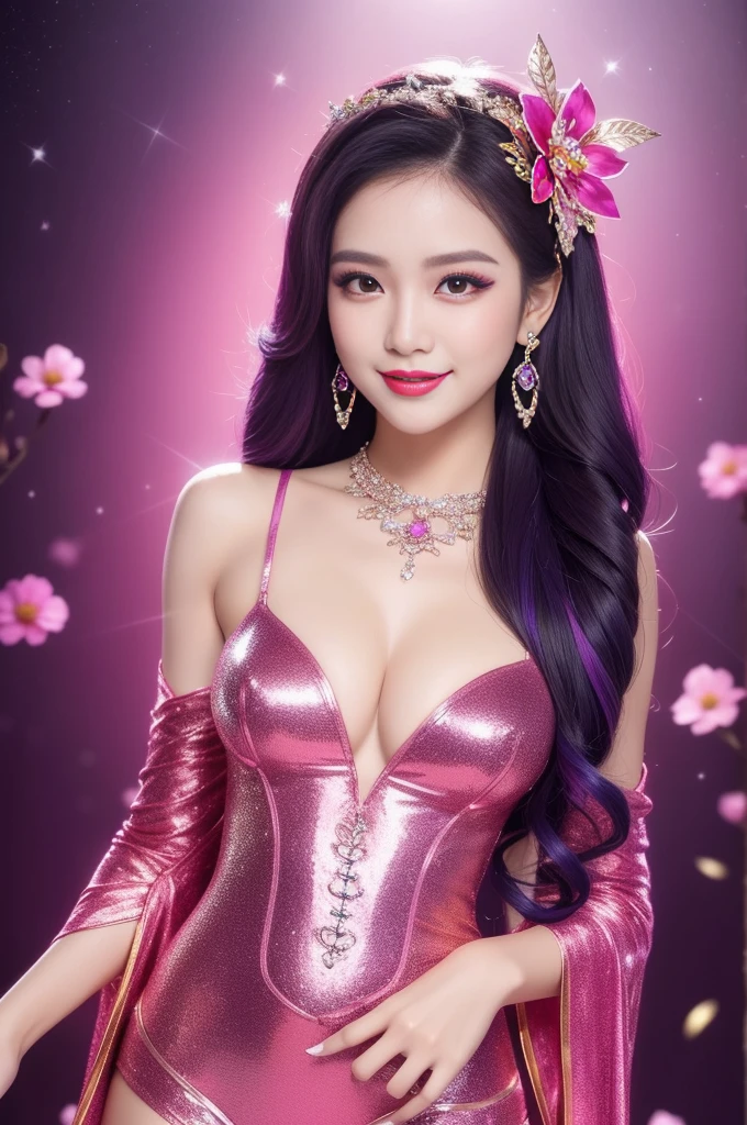 sexy Thai model who controls poison、beautiful smile、lip-gloss、bold lipstick、long lashes, ultra detailed makeup、look at the camera、full body Esbian、、sparkling poisoned flower costume、、、、sparkling Colorful hair、secrete poison、skull hair accessories、sexy tights、shiny sparkling flowers background