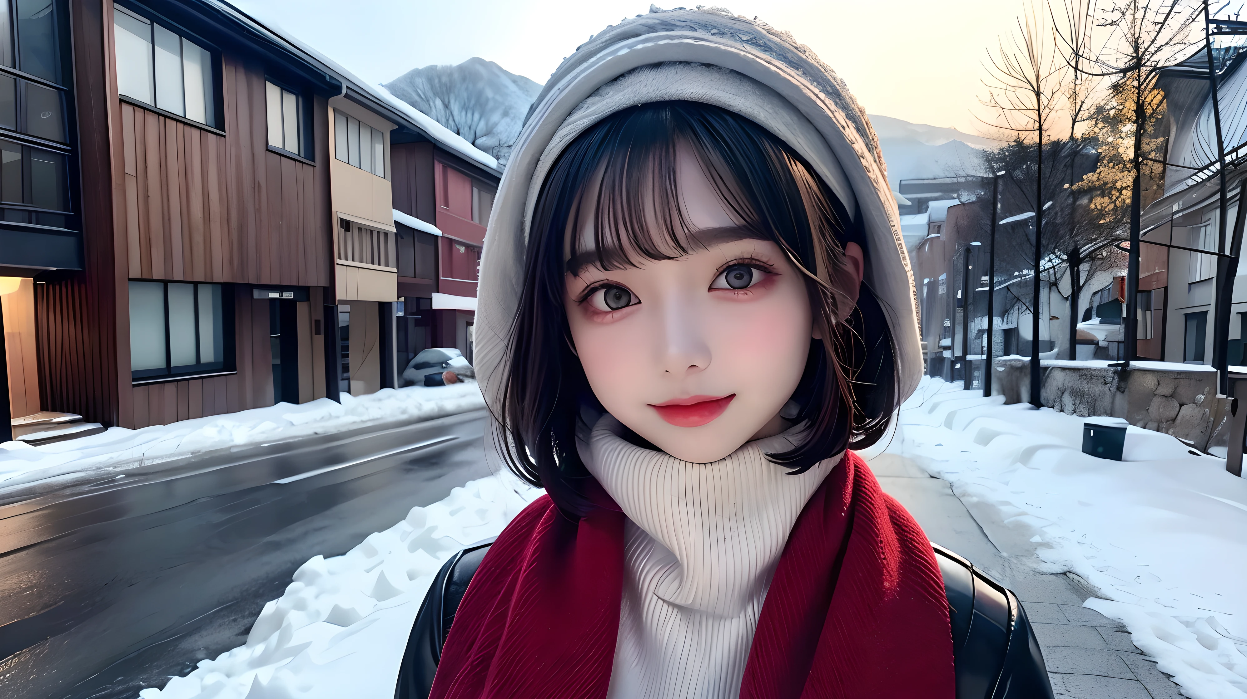 (masterpiece, highest quality),1 girl, alone, black haired, scarf, have, realistic, realistic, looking at the viewer, pale black eyes, brunette short bob hair, brown fur, Winter clothes, White headscarf, lips, bangs, outdoors, closed mouth, Upper body、Big eyes, beautiful scenery of snow-covered Lassie))、(((Short bob with bangs、shiny hair、Big eyes、large full chest、intense eye highlights、look at the audience、beautiful beauty、show me your ears、long neck、smile a little、Please close your mouth and smile、ideal body proportions)))、{Huge|big|Huge|mega} chest:2, cleavage:2、portrait:2、perfect anatomy、beautiful navel