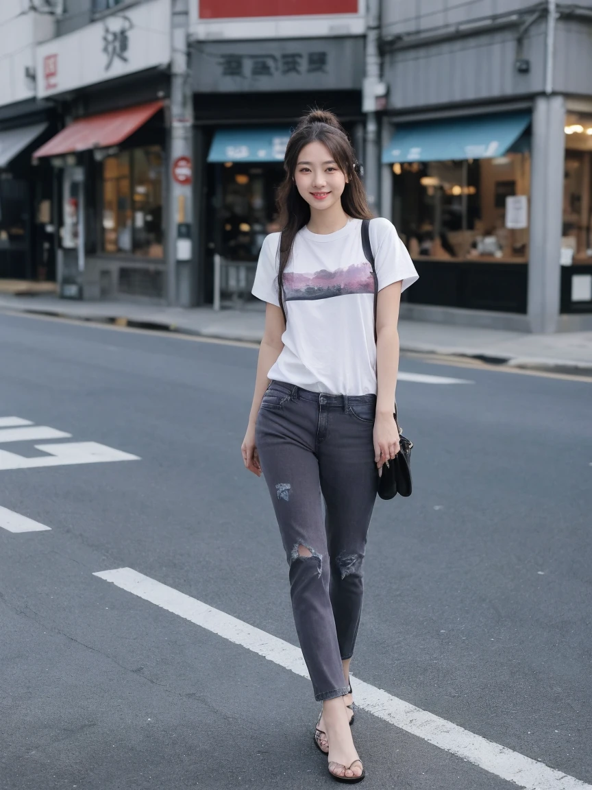 Realistic,score_9, score_8_Excellent, score_7_Excellent, break, 1人of女性(40s:1.2),alone,Tie long hair to the side,From before,Face Focus,(View your viewers:1.2),A kind smile(Laugh with your mouth closed:1.2),Full body portrait(Medium:1.2),(bright,Polaroid,(depth_of_Field:1.5),晴れof日,Outdoor,street,目of間of毛,Moody lighting,Lens flare,Available Light,Rim Light,Shining neon lights,Curvy,Standing posture(standing on street corner:1.5),Tshirt(,Korean traditional pattern,Chachangsegori(car window segolli) ,PrintTshirtレディースリラックスTshirt,bella + Canvas 6400,https://ayaaleumdaun.base.shop/items/88266422 (Heather Mauve:1.2),Blue Jeans,日本of女性