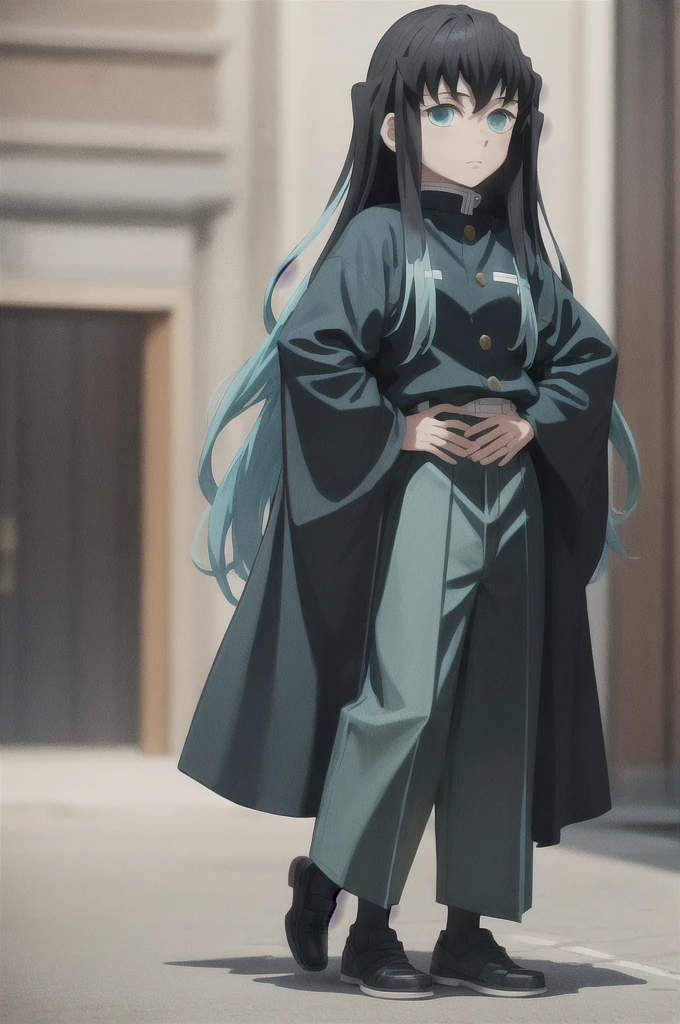 masterpiece, best quality, 1boy, muichiro,long hair, black hair, aqua hair, bangs, multicolored hair, sidelocks, long sleeves, aqua eyes, demon slayer uniform, pants, standing, looking at viewer, hands on hip, idle