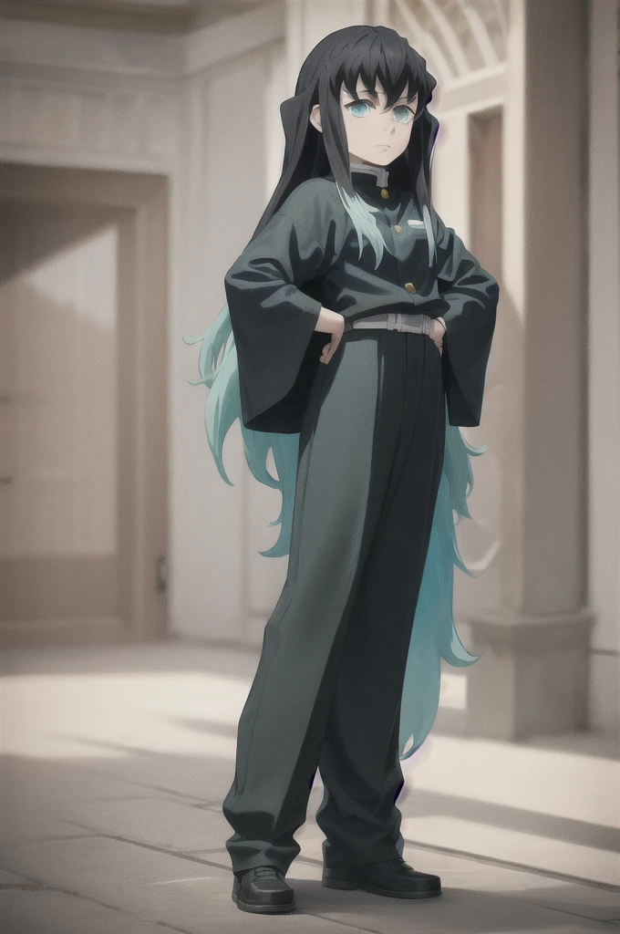 masterpiece, best quality, 1boy, muichiro,long hair, black hair, aqua hair, bangs,  multicolored hair, sidelocks, long sleeves, aqua eyes, demon slayer uniform, pants, standing, looking at viewer, hands on hip, idle