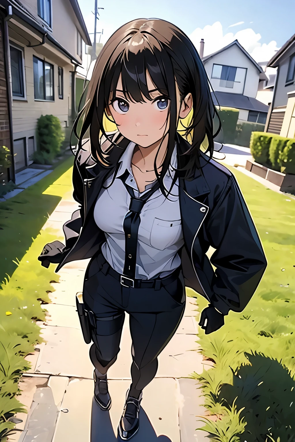 high quality, masterpiece, Ultra-high resolution, (realism: 1.4), Oil painting style, Cinema Lighting, An endless grassland dotted with a few houses, I stood on the empty asphalt road and looked at it., Fairy Mountain々was shrouded in mist, And the suspenders with the cranes flying　　　Moderate breasts　 　 　　　　Small face　 　　　holster　　　　　　　 Lying in bed　Looking up　　　　Sweat 　　　belt　summer　脇Sweat 　Black Hole Gloves　suit　shirt　　Black jacket　 Black trousers　Leg Links　ズボンにbelt　　holster　 　　Hands behind your back　 Anxious expression　Looking up　Anxious face