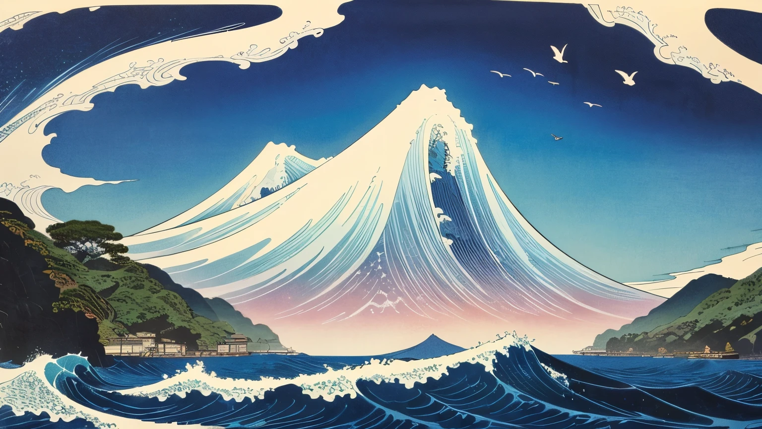 (Highest quality、masterpiece、High resolution、8K)、ukiyo-e、Hokusai、Fuji Mountain、White waves of the ocean、boat、Official Art、man、Boat