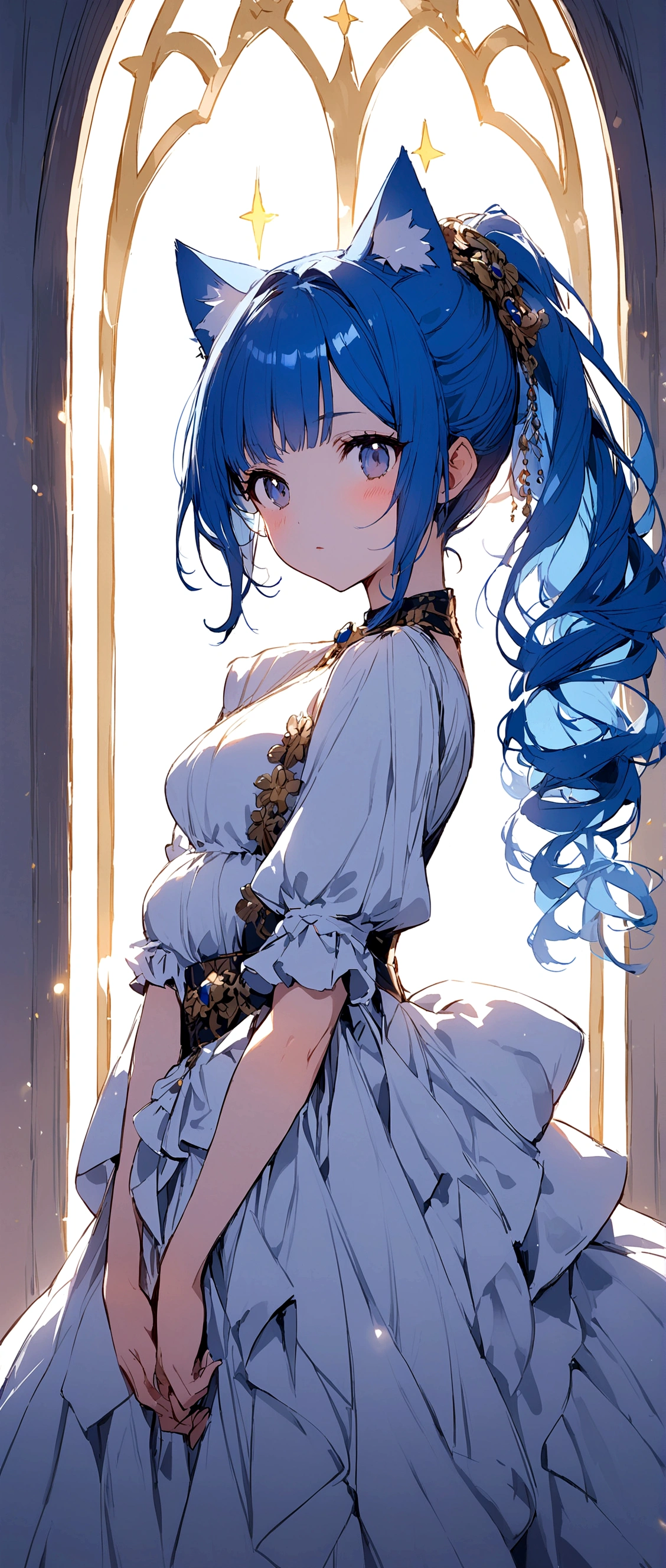 Blue Hair、Ponytail on the left、Has cat ears、Girl