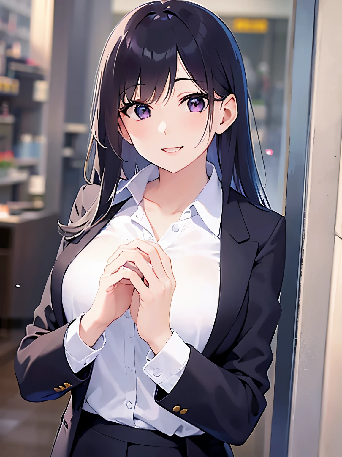 clasping own hands、Biologically correct five fingers、Realistic, real person, (pale skin: 1.2), RAW photo, photorealistic, shiny skin, shiny hair、(A 25-year-old woman with straight hair and bangs) and (medium hair) and (black hair) and (purple eyes) , (business suit:1.5) and (white collared shirt)、(smile:1.5), open mouth, The background is a company corridor、Alone、