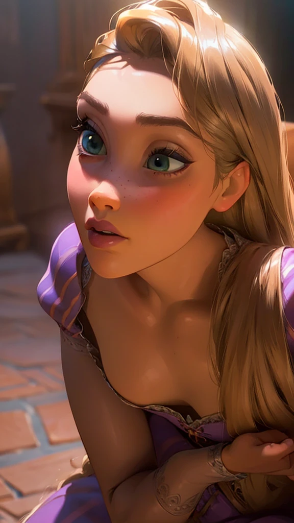 Rapunzel, sexy half nude outfit, full body, oiled skin, beautiful detailed eyes, beautiful detailed lips, extremely detailed face, long eyelashes, sensual pose, glowing skin, dramatic lighting, cinematic composition, volumetric lighting, dramatic shadows, vibrant colors, fantasy art, digital painting, photorealistic, best quality, 8k, high resolution, masterpiece , full body view , round tits 