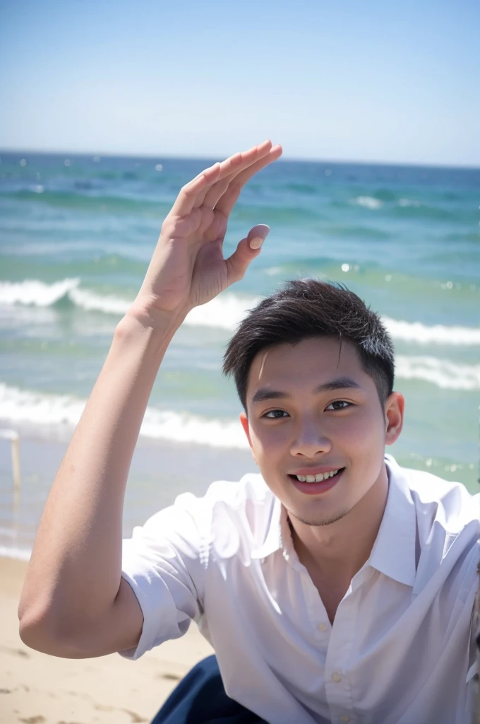 ((Highest quality, 8K, Masterpiece: 1.3))、Thailand Laos Burma Asia, Thai man, A handsome Asian rugby player with short hair, a muscular beard, and big muscles., 1A man who has、 yo、Good appearance、Beautiful nose、smile、 Detailed eyes and face、beautiful light、(studio)、high resolution、(Look at the viewer.)、Fine mouth、smile、whole body: 1.5, perfect shape: 1.3, looking at camera ,White button-down shirt , seaside beach sunshine looking at the sea