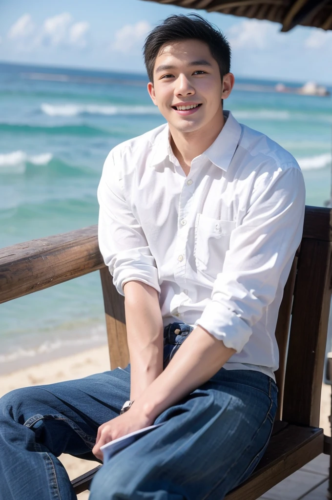 ((Highest quality, 8K, Masterpiece: 1.3))、Thailand Laos Burma Asia, Thai man, A handsome Asian rugby player with short hair, a muscular beard, and big muscles., 1A man who has、 yo、Good appearance、Beautiful nose、smile、 Detailed eyes and face、beautiful light、(studio)、high resolution、(Look at the viewer.)、Fine mouth、smile、whole body: 1.5, perfect shape: 1.3, looking at camera ,White button-down shirt , seaside beach sunshine looking at the sea