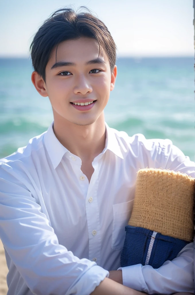 ((Highest quality, 8K, Masterpiece: 1.3))、Thailand Laos Burma Asia, Thai man, A handsome Asian rugby player with short hair, a muscular beard, and big muscles., 1A man who has、 yo、Good appearance、Beautiful nose、smile、 Detailed eyes and face、beautiful light、(studio)、high resolution、(Look at the viewer.)、Fine mouth、smile、whole body: 1.5, perfect shape: 1.3, looking at camera ,White button-down shirt , seaside beach sunshine looking at the sea