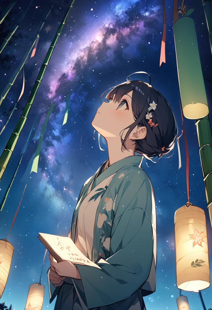 Tanabata of Japan、Write your wish on a bamboo leaf、decorate、milky way、Shine２Stars、She is looking up at the night sky、