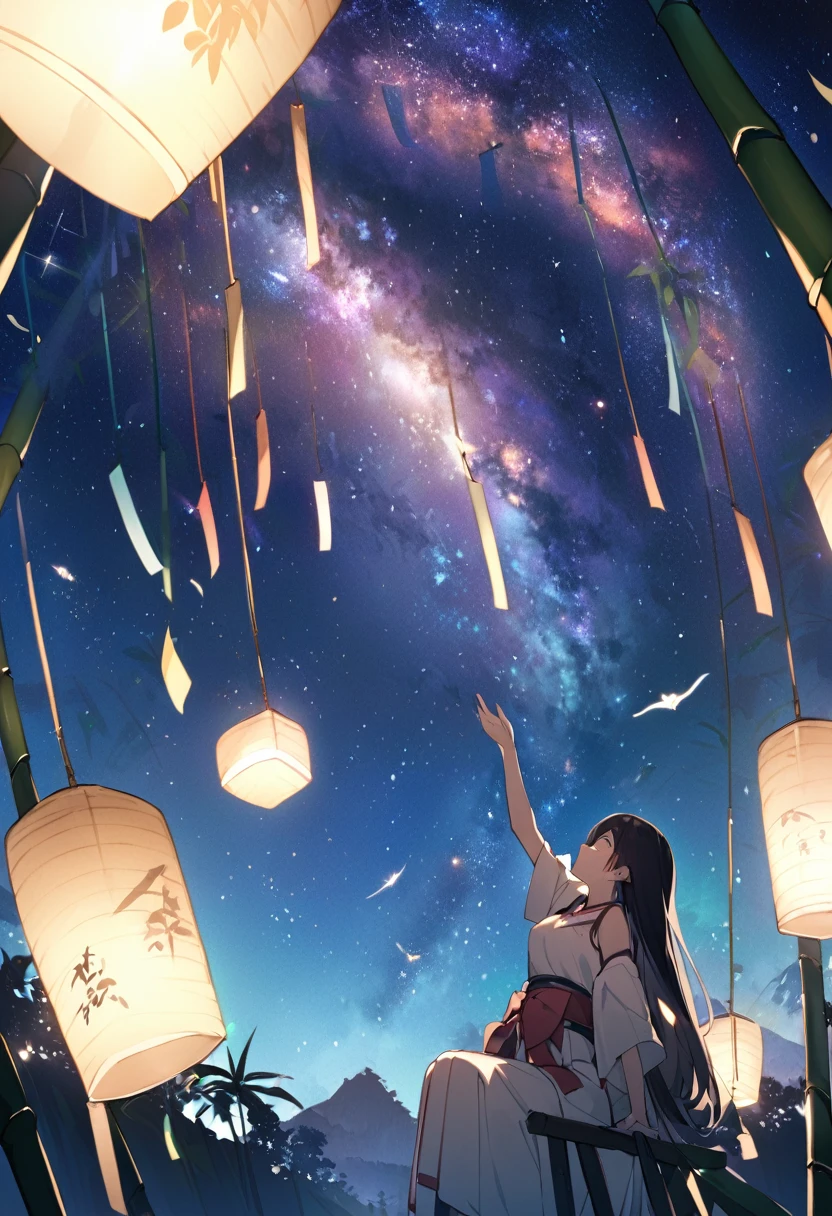 Tanabata of Japan、Write your wish on a bamboo leaf、decorate、milky way、Shine2Stars、She is looking up at the night sky、
