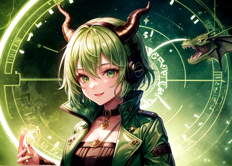 1Girl, cute, happy, short green hair, green eyes, dragon horn headphone, jacket, magic circle