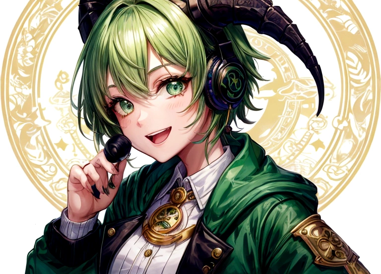 1Girl, cute, happy, short green hair, green eyes, dragon horn headphone, jacket, magic circle