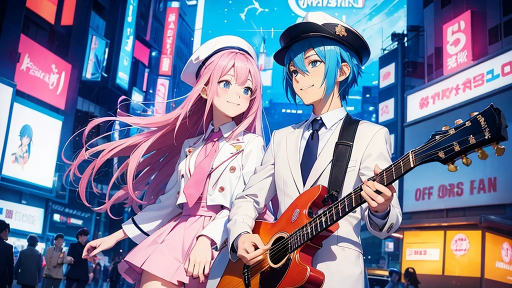 Anime style illustration with a vibrant city background similar to Shibuya. The main characters are a girl with long blue hair and blue eyes wearing a  with a pink tie, and a boy with short blue hair wearing a white suit and hat. In this image, the girl is playing a guitar, smiling brightly, while the boy is standing next to her, looking at her with admiration. The background remains colorful with musical notes floating around.