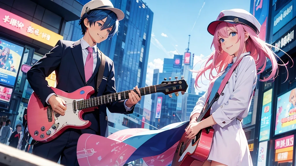 Anime style illustration with a vibrant city background similar to Shibuya. The main characters are a girl with long blue hair and blue eyes wearing a with a pink tie, and a boy with short blue hair wearing a white suit and hat. In this image, the girl is playing a guitar, smiling brightly, while the boy is standing next to her, looking at her with admiration. The background remains colorful with musical notes floating around.