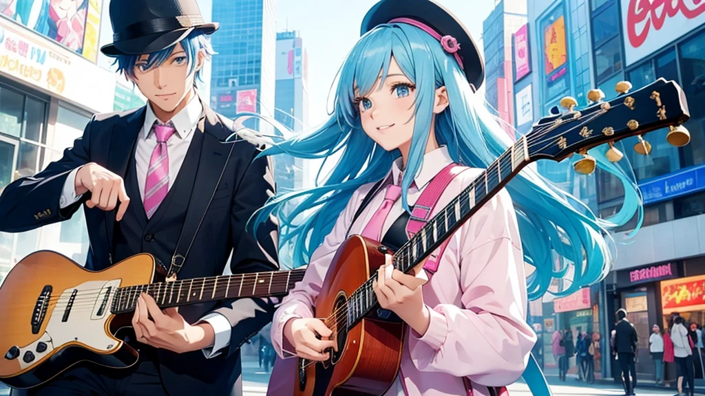 Anime style illustration with a vibrant city background similar to Shibuya. The main characters are a girl with long blue hair and blue eyes wearing a  with a pink tie, and a boy with short blue hair wearing a white suit and hat. In this image, the girl is playing a guitar, smiling brightly, while the boy is standing next to her, looking at her with admiration. The background remains colorful with musical notes floating around.