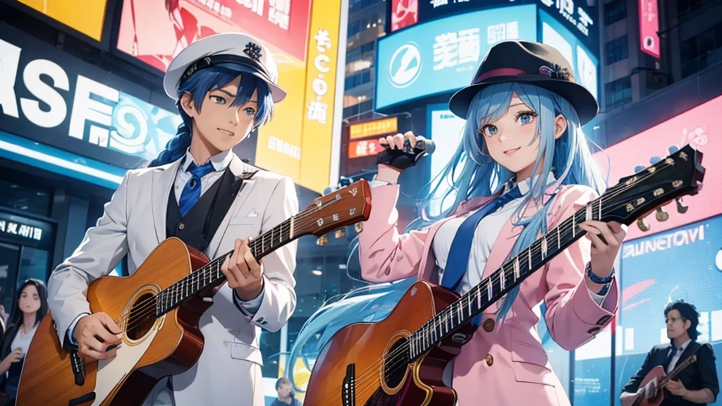 Anime style illustration with a vibrant city background similar to Shibuya. The main characters are a girl with long blue hair and blue eyes wearing a  with a pink tie, and a boy with short blue hair wearing a white suit and hat. In this image, the girl is playing a guitar, smiling brightly, while the boy is standing next to her, looking at her with admiration. The background remains colorful with musical notes floating around.