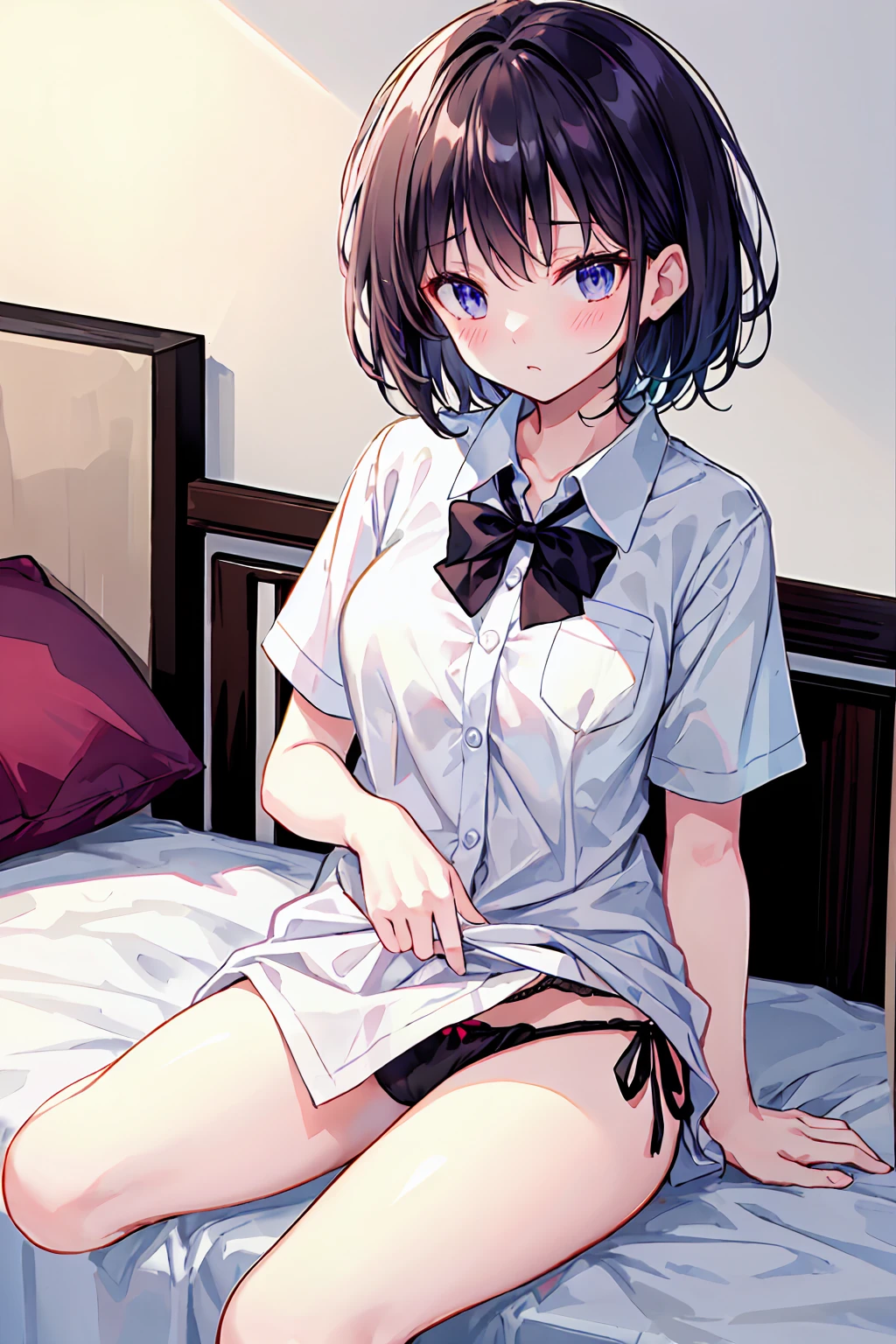 (1 person,alone), Beautiful woman, (Perfect Anatomy), thin、(OL、White short sleeve shirt、Best、bow tie, Details Side Tie Panties), (Looking down), (Embrace your chest)、20-year-old、(Highest quality)、Black Hair, short hair、 Messy Hair、Bedroom、Sitting on the bed、(Cutting sheet:1.1), (8K, High resolution)、(Embarrassing:1.4)、(blush:1.1), Mid-chest,  Embarrassing, 