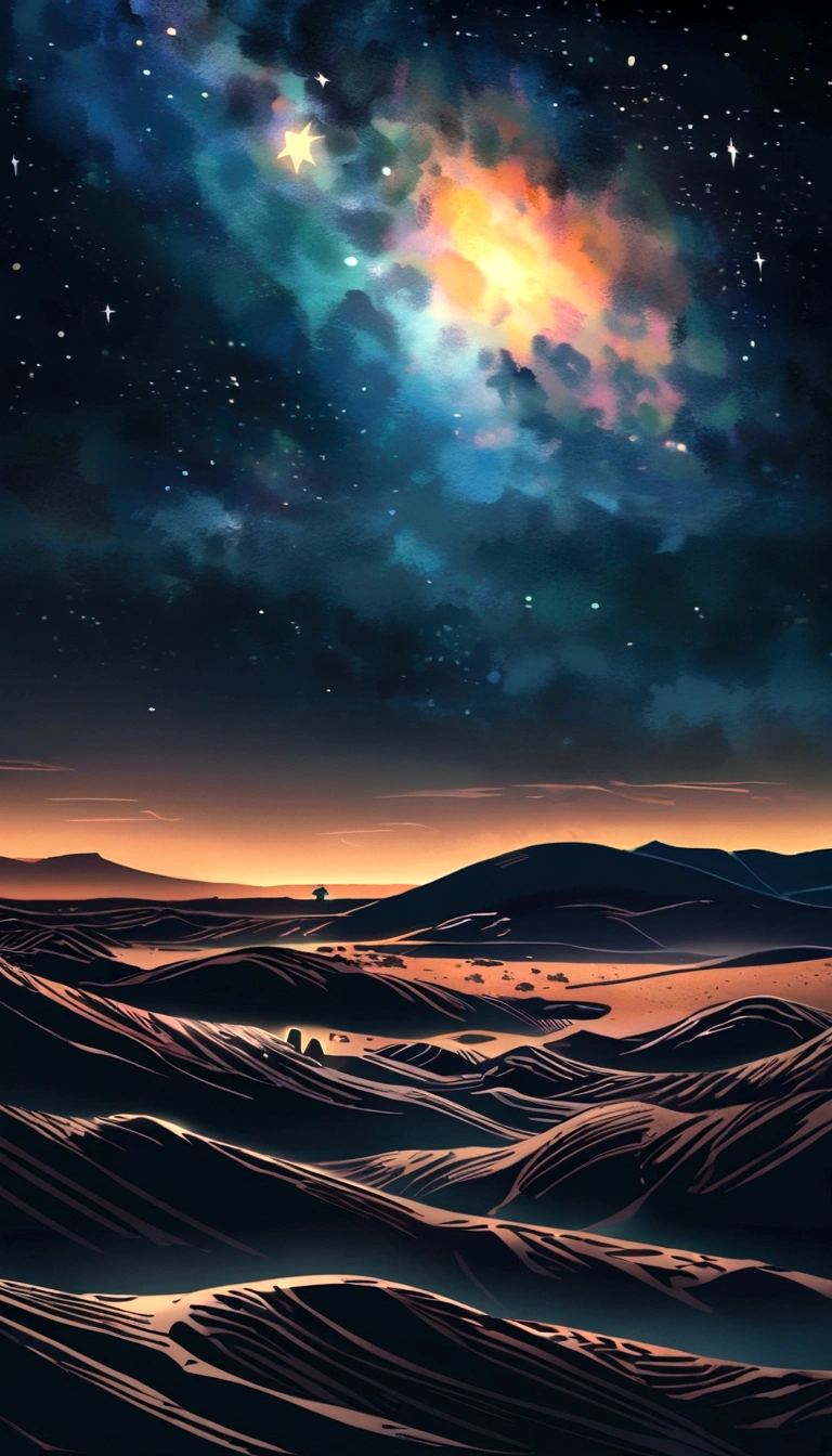 breath-taking,Van Gogh-style starry sky in quaint night sky,Rolling desert,the expanse,