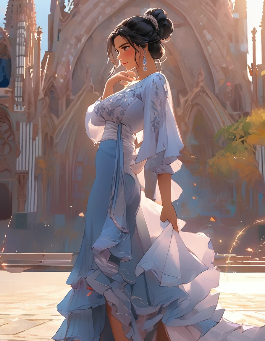 Highest quality、High resolution、Detailed Background、Beautiful Face、High detail、(Perfect Anatomy, Perfect Style)、(Detailed facial expressions)、(fine grain:1.2)、Teenage Beauty、(very wide shot:1.5, full body:1.4), One Girl、, Cute black hair、Deep blue eyes、Braided Ponytail, Braided bob cut, (Dancing flamenco in a fiery red costume:1.5、Undisturbed:1.5)、Rainy Afternoon、There is a halo around it、The square in front of the Sagrada Familia、 Final pose、Clap your hands together next to your ears、 ((aerial view:1.5, shoot from behind:1.5, looking away)), ((large breasts:1.2, pointy breasts:1.2, high breasts:1.2)), 