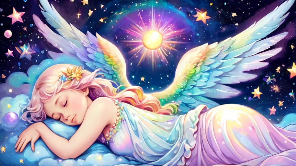 Beautiful angel sleeping happily holding the earth, outer space, pastel rainbow colored wings, shooting stars, fine pearl light