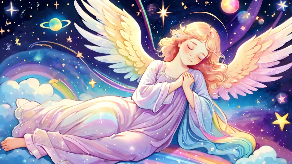 Beautiful angel sleeping happily holding the earth, outer space, pastel rainbow colored wings, shooting stars, fine pearl light