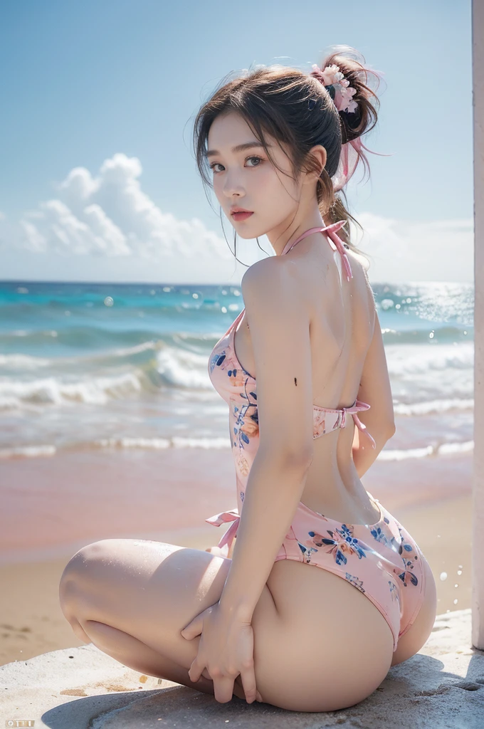 (((best quality))), (((ultra detailed))), (((masterpiece))), illustration,((1 beautiful young girl,solo)),((slim,thin)),(vibrant pink floral swimsuit:1.3),((small breasts,flat chest)),(short ponytail:1.2),((shiny skin,sweat,wet)),slender legs,seaside, summer, joyful, playful, physical features, smooth fair skin, gentle sea breeze, endless azure sky, picturesque backdrop, whiteness of sand, deep blues of the sea, waves crashing, internal turmoil, transformation,on the cusp of womanhood, confidence, sexuality, metaphorical plunge, next chapter of life,significance of the moment, beauty of the seaside, celebration of youth, excitement of summer ahead,(sitting:1.3),((from front,full body,arms behind back,spread legs apart))