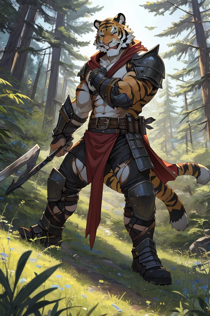 Tiger,Young Adults,Strong,handsome,warrior,Sexy body,Golden fur,Huge penis,Bare chest and abdomen,Bare legs,unarmed,Very cool to wear,Revealing clothing,毛茸茸的Tiger爪,Extremely revealing clothing(Scapula,Armor knee pads,Red torn shawl,No pants),expression(vigilante,Gnashing of teeth),action(Standing,vigilante),Alone,angry,Challenge the camera character to a duel,environment(Clearing in open forest,There are sparse low weeds around,There are pine trees in the distance),good-looking,masterpiece,Very detailed,best quality.The clothes are not revealing enough,Art form needs,Not indecent,Please focus on the genitals
