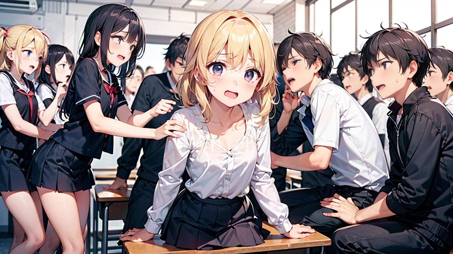 Highest quality,Highest quality,One Girl,Several boys,((((10 years old)))),  Surrounded by boys,Flat Chest,orgasm,blush, Sweat, Sakurai Momoka,blonde,White Sarah Outfit,Navy Blue Skirt, Not a long pleated skirt,whole body,night classroom, Grey pantyhose、Navy Blue Skirtをめくる、Spread your legs