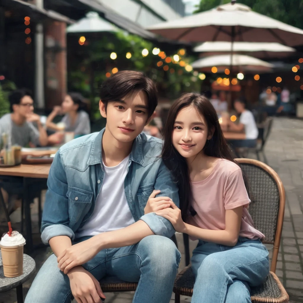 young couple, Indonesia, wearing casual clothes sitting on a cafe chair, faint smile cafe page background, There are 2 glasses of juice on the table, very detailed 8k