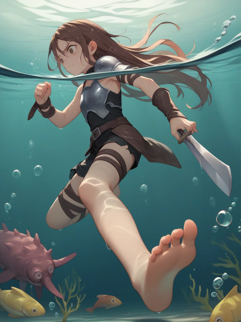 partially underwater,最high quality,high quality, four years old, , Long Hair, Brown Hair, Wet Hair, Flat Chest,Dark Underground Labyrinth,No light,Leather Armor,Equipped with a dagger and a shield,Face above water,Corpses in the water, Underwater Photography,The lobe rolls up due to buoyancy.,Painful face、My feet are being pulled by tentacles、Being dragged into the water、Go Wild