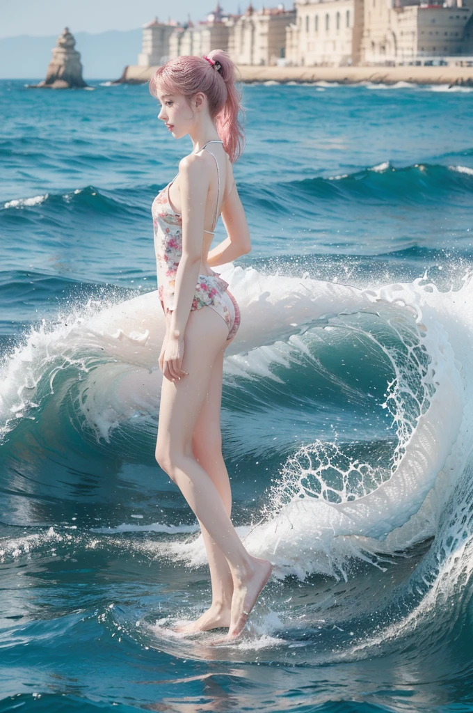 "(((best quality))), (((ultra detailed))), (((masterpiece))), illustration,((1 beautiful young girl,solo)),((slim,thin)),(vibrant pink floral swimsuit:1.3),((small breasts,flat chest)),(short ponytail:1.2),((shiny skin,sweat,wet)),slender legs,seaside, summer, joyful, playful, physical features, smooth fair skin, gentle sea breeze, endless azure sky, picturesque backdrop, whiteness of sand, deep blues of the sea, waves crashing, internal turmoil, transformation,on the cusp of womanhood, confidence, sexuality, metaphorical plunge, next chapter of life,significance of the moment, beauty of the seaside, celebration of youth, excitement of summer ahead,((standing,from front,full body,arms behind back))