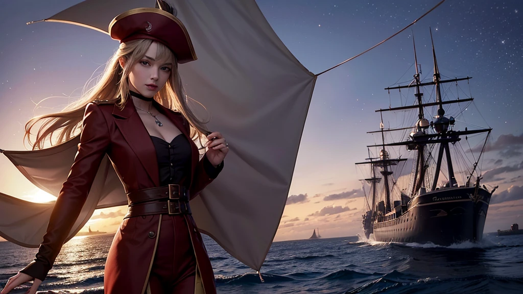 Imaginez un pirate solitaire et redoutable, dont le cœur est aussi sombre que les eaux qu'il parcourt. À bord de son navire terrifiant, aux voiles déchirées et au bois noirci, il sème la terreur sur les mers. Son regard glacial et son sourire sinistre annoncent une destinée funeste à quiconque ose croiser sa route. dans le nuit noir, les yeux rouge