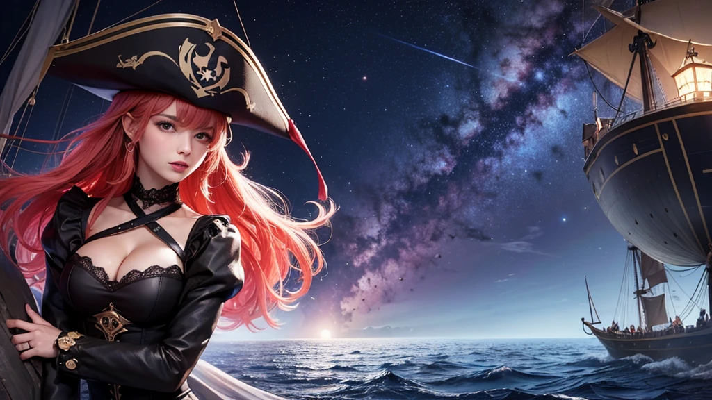Imaginez un pirate solitaire et redoutable, dont le cœur est aussi sombre que les eaux qu'il parcourt. À bord de son navire terrifiant, aux voiles déchirées et au bois noirci, il sème la terreur sur les mers. Son regard glacial et son sourire sinistre annoncent une destinée funeste à quiconque ose croiser sa route. dans le nuit noir, les yeux rouge