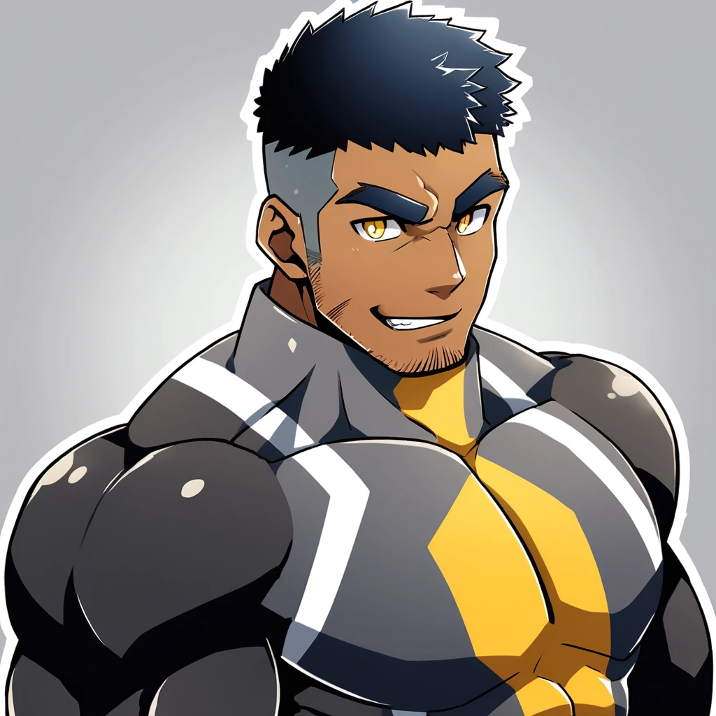 anime characters：Gyee, Muscle Sports Student, negro black skin, 1 dark skin muscular tough guy, Manliness, male focus, Dark grey high collar long sleeve wetsuit, Matte texture, Very tight, Round, full and perky chest muscles, Slightly transparent, muscular male, muscular, only, Upper body, alone, Black short hair, Thick eyebrows, stubble, Yellow eyes, Grey background, simple background, amazing quality, best aesthetics, Ridiculous, bright pupils, crew cut, parted lips, seductive smile, torogao, naughty face,  best quality