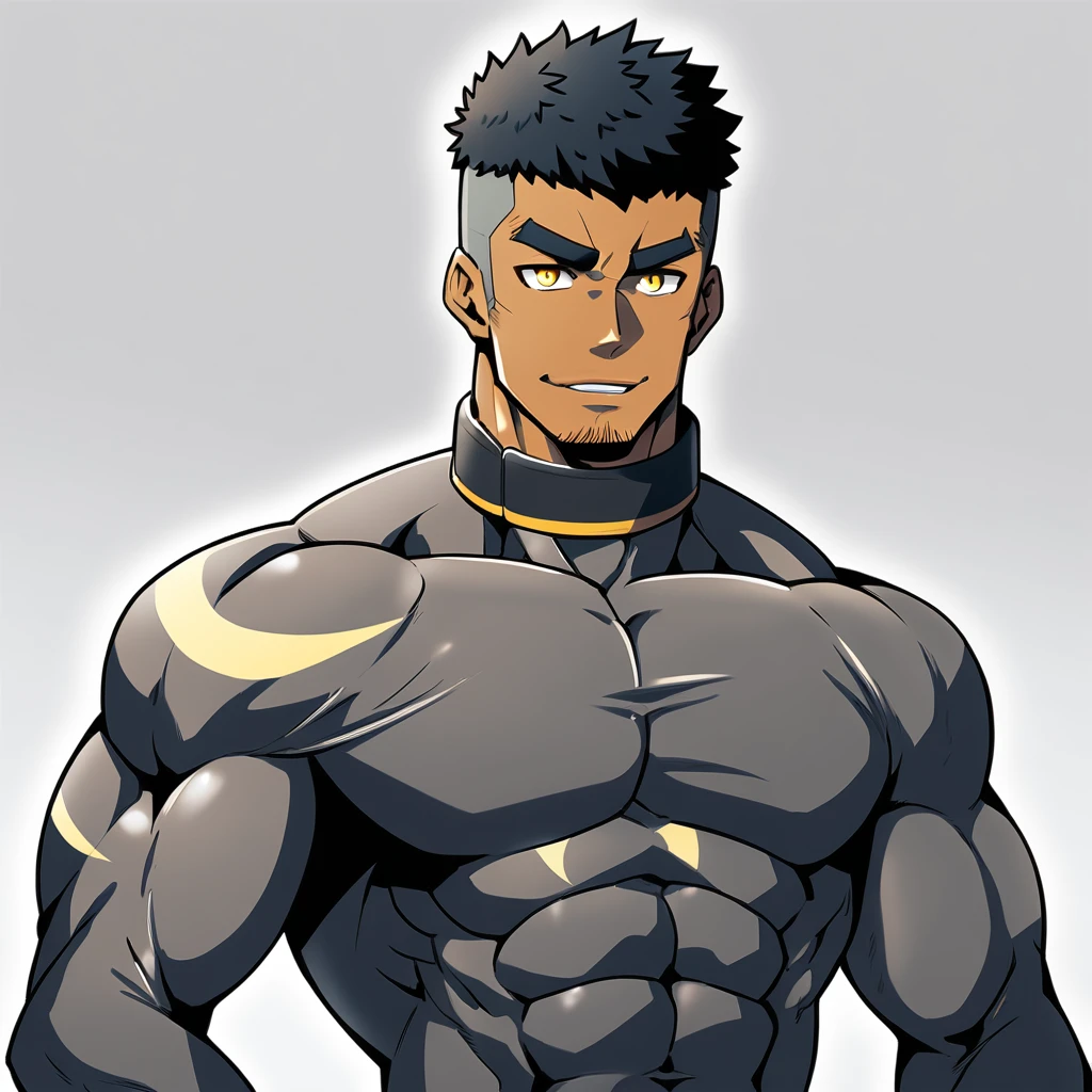 anime characters：Gyee, Muscle Sports Student, negro black skin, 1 dark skin muscular tough guy, Manliness, male focus, Dark grey high collar long sleeve wetsuit, Matte texture, Very tight, Round, full and perky chest muscles, Slightly transparent, muscular male, muscular, only, Upper body, alone, Black short hair, Thick eyebrows, stubble, Yellow eyes, Grey background, simple background, amazing quality, best aesthetics, Ridiculous, bright pupils, crew cut, parted lips, seductive smile, torogao, naughty face,  best quality