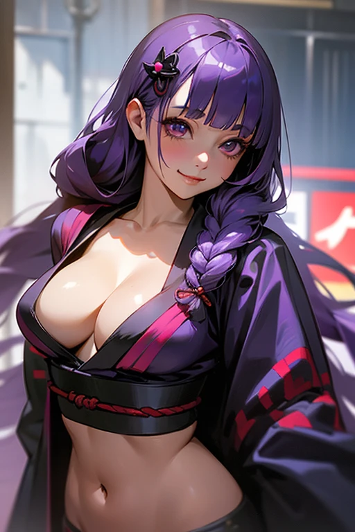 1 Girl, Blunt bangs, Braiding, Wide sleeves, hair ornaments, kimono, Obi says, (Purple Hair:1.2), Very long hair, Straight hair, Looking at the audience, Highly detailed background, (Realistic:1.2), Beautiful Eyes, Red eyeshadow, Written boundary depth,thigh, (Urzan-6500:0.7), Upper Body, (alone:1.2), (Cyberpunk City:1.1), Cleavage,,Shiny skin、(Navel exposed).((Face close-up))、((smile))