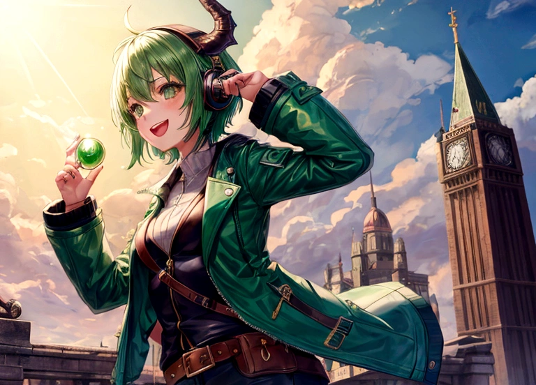 1Girl, cute, happy, short green hair, green eyes, dragon horn headphone, jacket, magic circle