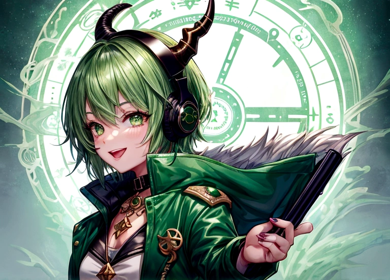 1Girl, cute, happy, short green hair, green eyes, dragon horn headphone, jacket, magic circle