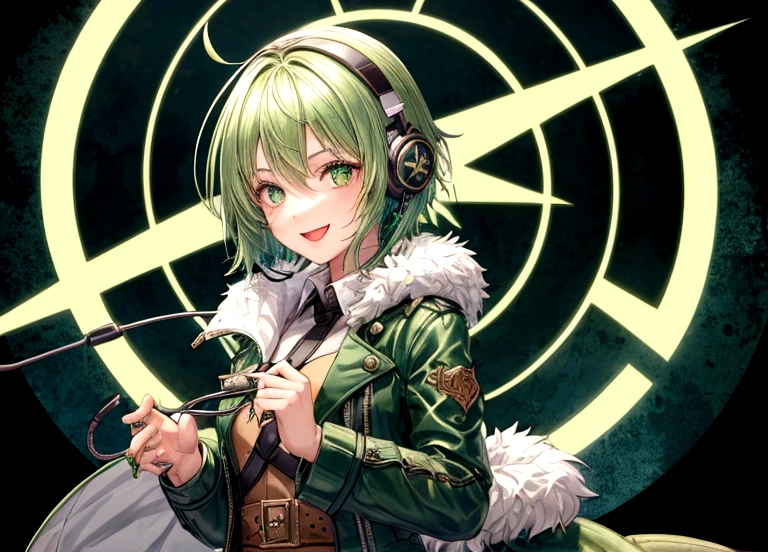 1Girl, cute, happy, short green hair, green eyes, dragon horn headphone, jacket, magic circle