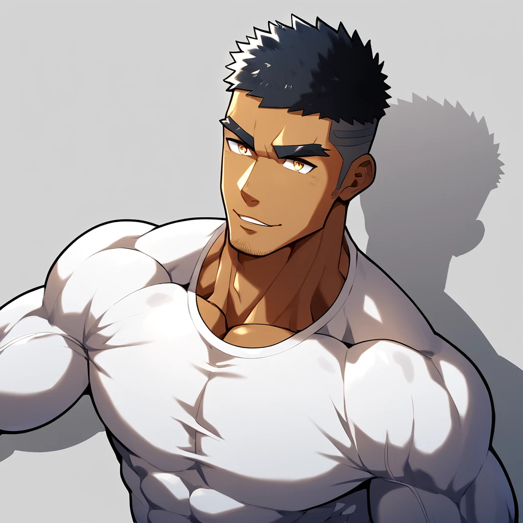 anime characters:Gyee, Muscle Sports Student, negro black skin, 1 dark skin muscular tough guy, Manliness, male focus, Light yellow high collar long sleeve tight T-shirt, Slightly transparent material, Very tight, Round, full and perky chest muscles, Slightly transparent, muscular male, muscular, only, Upper body, alone, Black short hair, Thick eyebrows, stubble, Yellow eyes, Grey background, simple background, amazing quality, best aesthetics, Ridiculous, bright pupils, crew cut, parted lips, seductive smile, torogao, naughty face, drop shadow, best quality