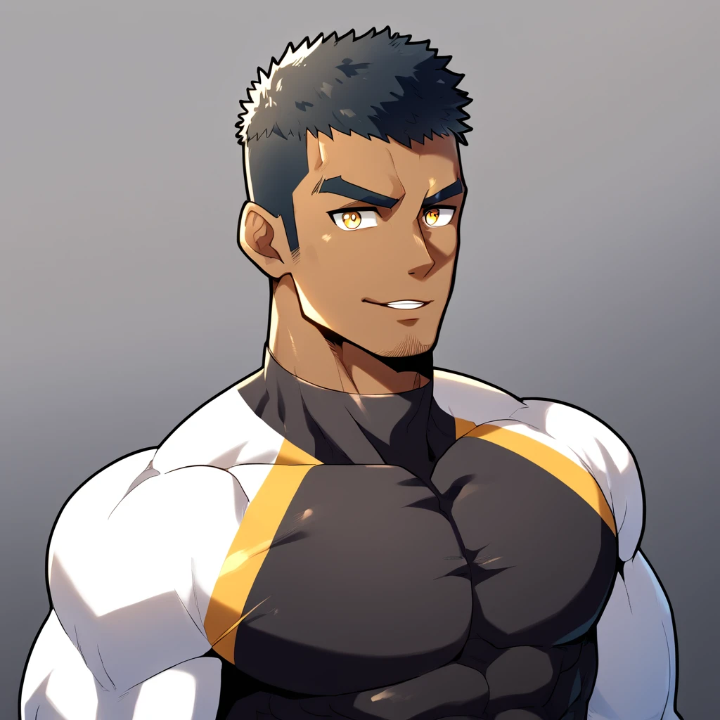 anime characters:Gyee, Muscle Sports Student, negro black skin, 1 dark skin muscular tough guy, Manliness, male focus, Light yellow high collar long sleeve tight T-shirt, Slightly transparent material, Very tight, Round, full and perky chest muscles, Slightly transparent, muscular male, muscular, only, Upper body, alone, Black short hair, Thick eyebrows, stubble, Yellow eyes, Grey background, simple background, amazing quality, best aesthetics, Ridiculous, bright pupils, crew cut, parted lips, seductive smile, torogao, naughty face, drop shadow, best quality