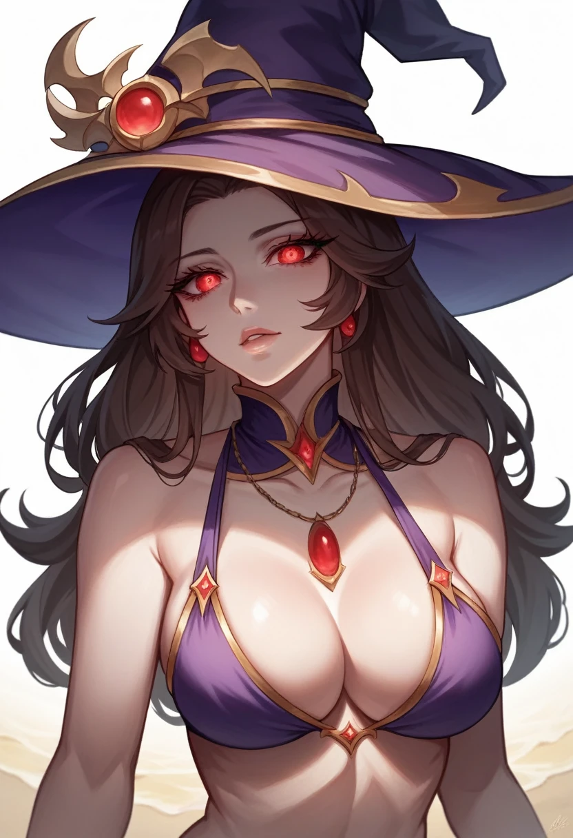 a witch in a purple bikini, red eyes, red necklace, purple witch hat, medium-length brown hair, on the beach of an island, (best quality,4k,8k,highres,masterpiece:1.2),ultra-detailed,beautiful detailed eyes,beautiful detailed lips,extremely detailed eyes and face,long eyelashes,dramatic lighting,fantasy,magical,dramatic colors,vibrant,cinematic