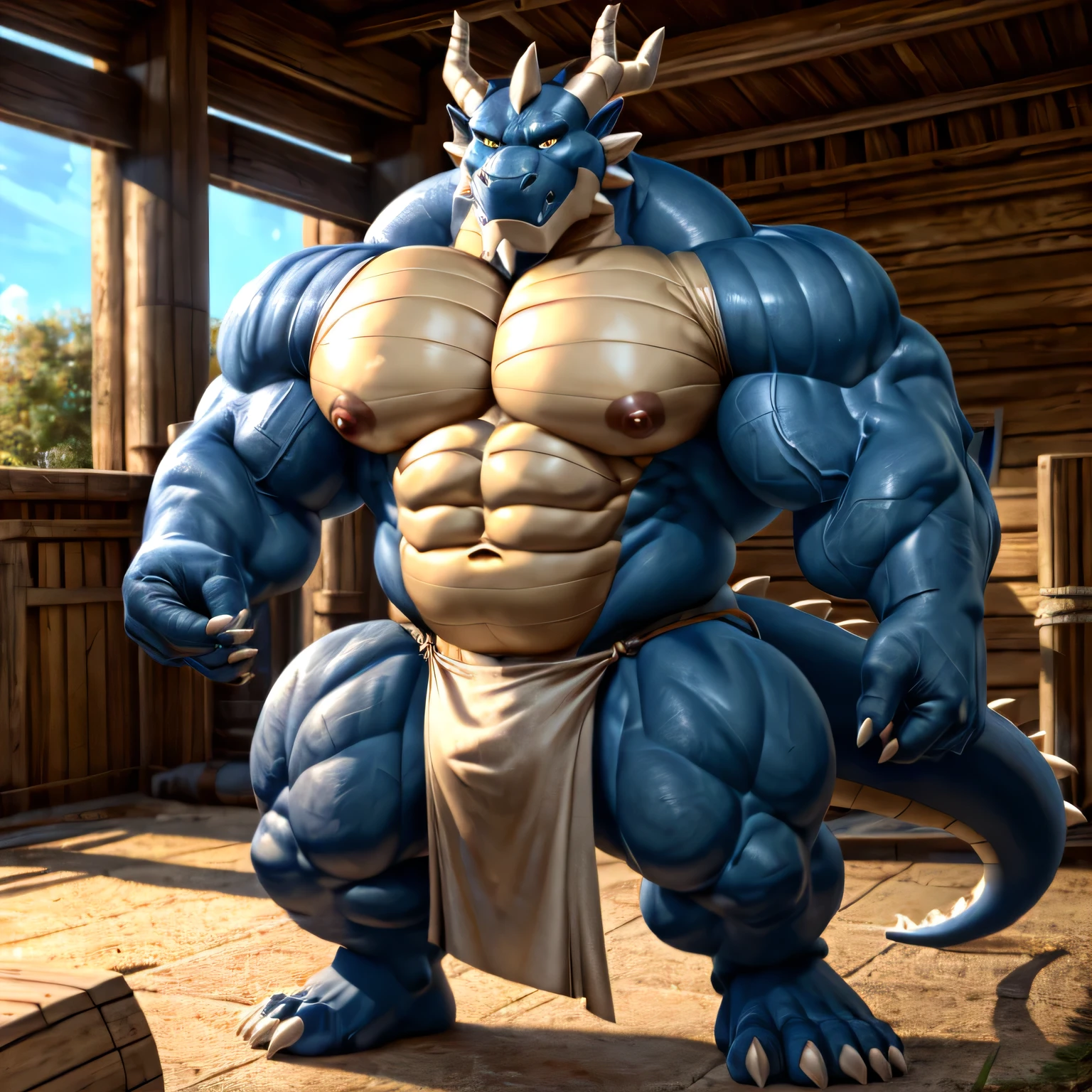 dragon, eastern dragon warrior, male dragon, hefty body, with very big muscles, hulking, huge, colossal body, extremely strong, huge abdominal muscles, hefty abs, pecs, plump big muscle abs, Strong and robust muscle abs, daddy body muscle-gut abs, massive prominent muscle abs, sharp claws, legs, feet, full body, loincloth, nipples, 4k, best quality.