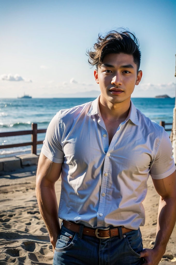 A young Asian man with large muscles looks at the camera. In a white button-down shirt , seaside beach sunshine looking at the sky
