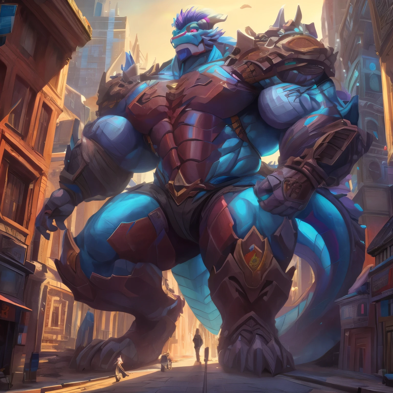The as big as a building Exoskeleton Dragon in the small street,Exoskeleton Dragon(massive:3.0,Big Muscle:1.1(heavyweight,strong,macro,Emphasize huge size, Stepping on the ruins)),background((the midnight city,the collapse building,raising little spoke,the little sparks,the rift in the road)),low angle perspective