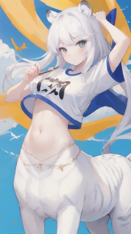(best quality, masterpiece), 1 girl, centaur, It takes, White skin, Korean ,exposing the abdomen,belly button t-shirt, 아름다운 소녀 perfect white tiger photo, perfect white tiger photo