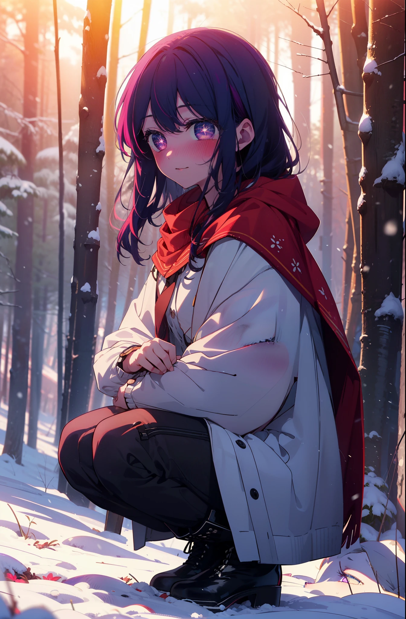 aihoshino, Ai Hoshino, Long Hair, bangs, (Purple eyes:1.1), Purple Hair, (Symbol-shaped pupil:1.5), smile,,smile,blush,White Breath,
Open your mouth,snow,Ground bonfire, Outdoor, boots, snowing, From the side, wood, suitcase, Cape, Blurred, , forest, White handbag, nature,  Squat, Mouth closed, Cape, winter, Written boundary depth, Black shoes, red Cape break looking at viewer, Upper Body, whole body, break Outdoor, forest, nature, break (masterpiece:1.2), Highest quality, High resolution, unity 8k wallpaper, (shape:0.8), (Beautiful and beautiful eyes:1.6), Highly detailed face, Perfect lighting, Highly detailed CG, (Perfect hands, Perfect Anatomy),