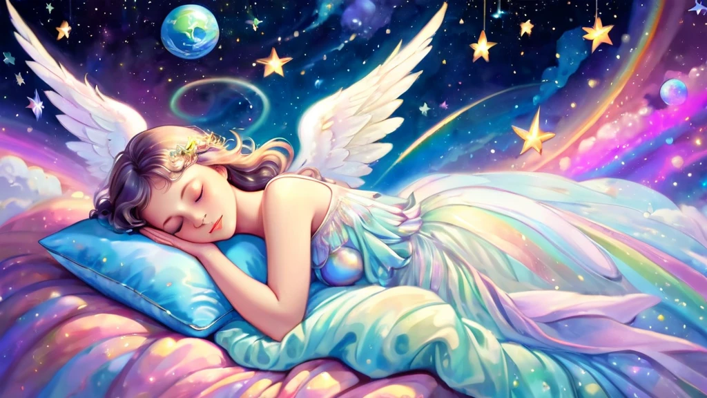 Beautiful angel sleeping happily holding the earth, outer space, pastel rainbow colored wings, shooting stars, fine pearl light